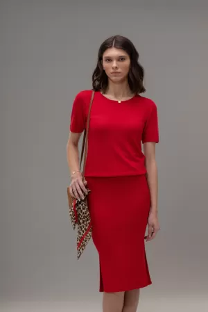 Short Sleeve Knitted Set - Classic Blouse and Straight Skirt
